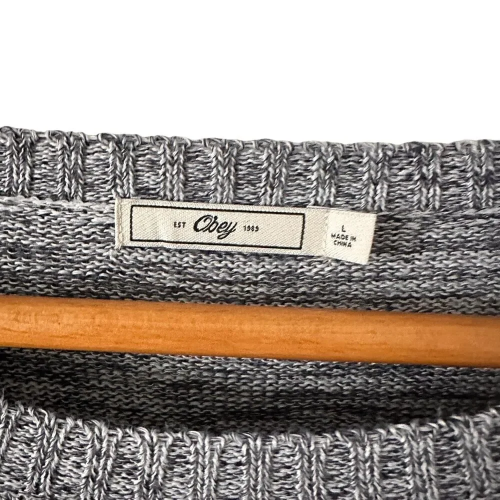 Obey Womens Blue and White Pattern Boxy Oversized Scoop Neck Sweater Size L - Picture 3 of 6